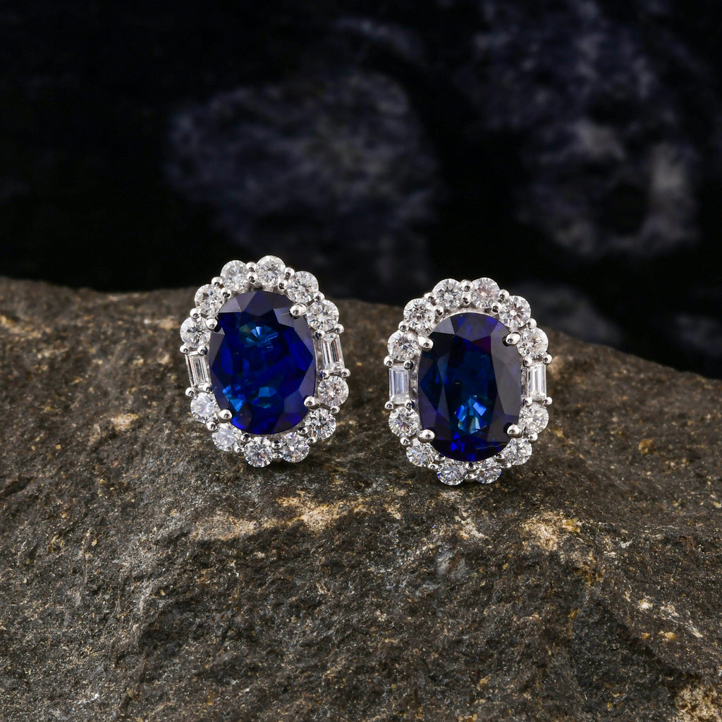 Oval Cut Blue Sapphire 5.56 Tcw SI/HI Baguette Diamond Stud Earrings