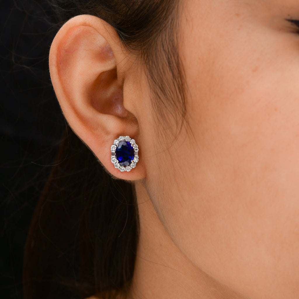 Oval Cut Blue Sapphire 5.56 Tcw SI/HI Baguette Diamond Stud Earrings