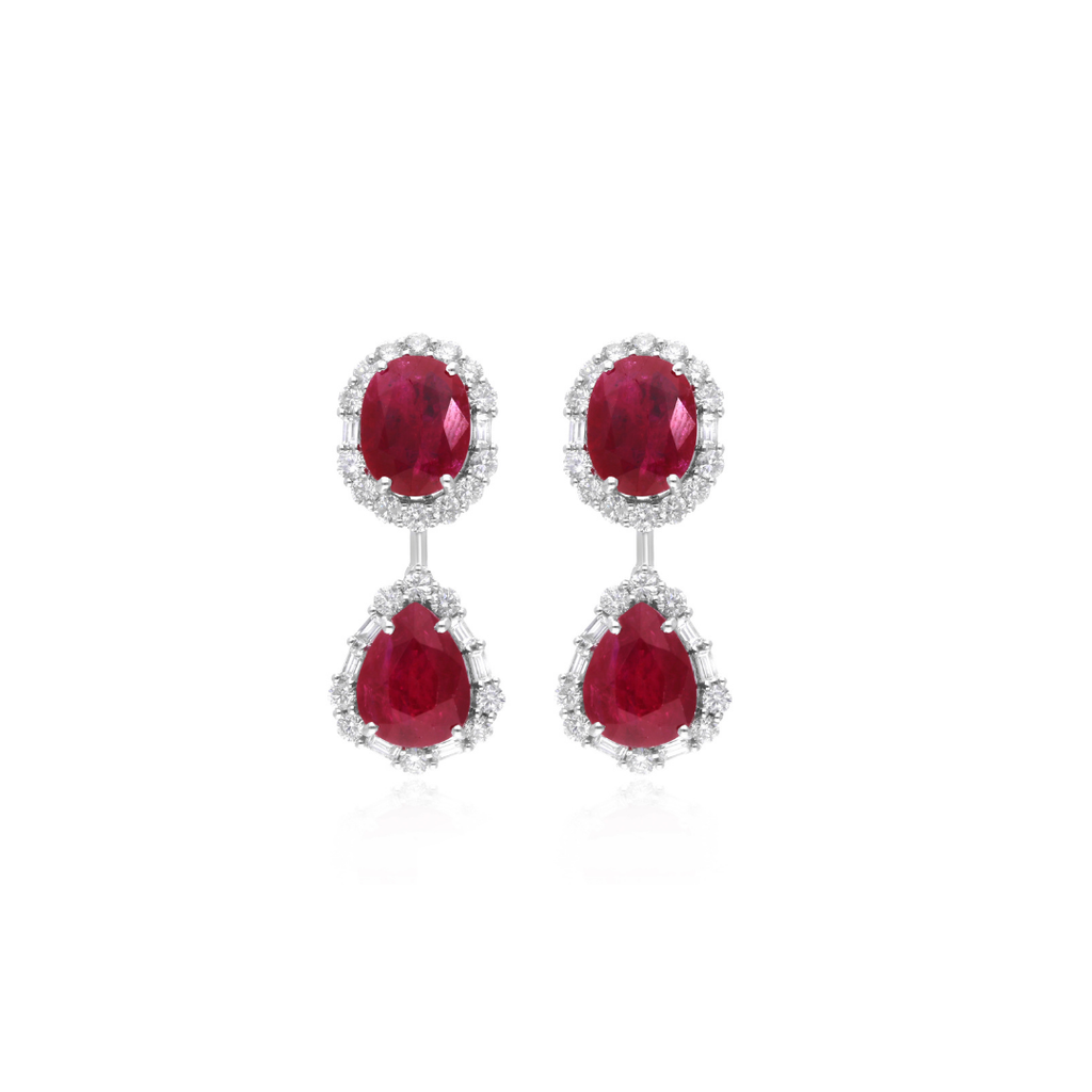 Fine Gold Ruby Gemstone Baguette Cut Diamond 8.78 Tcw Dangle Earrings