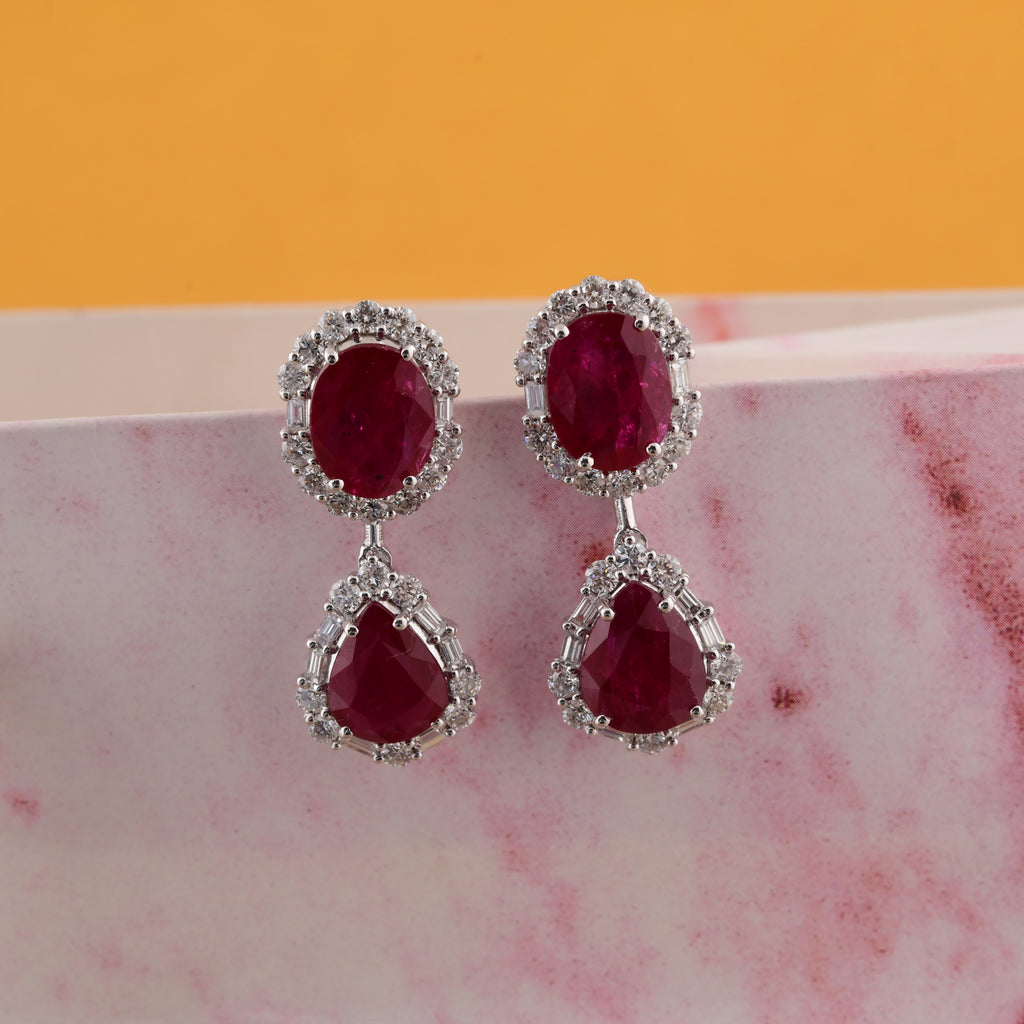 Fine Gold Ruby Gemstone Baguette Cut Diamond 8.78 Tcw Dangle Earrings