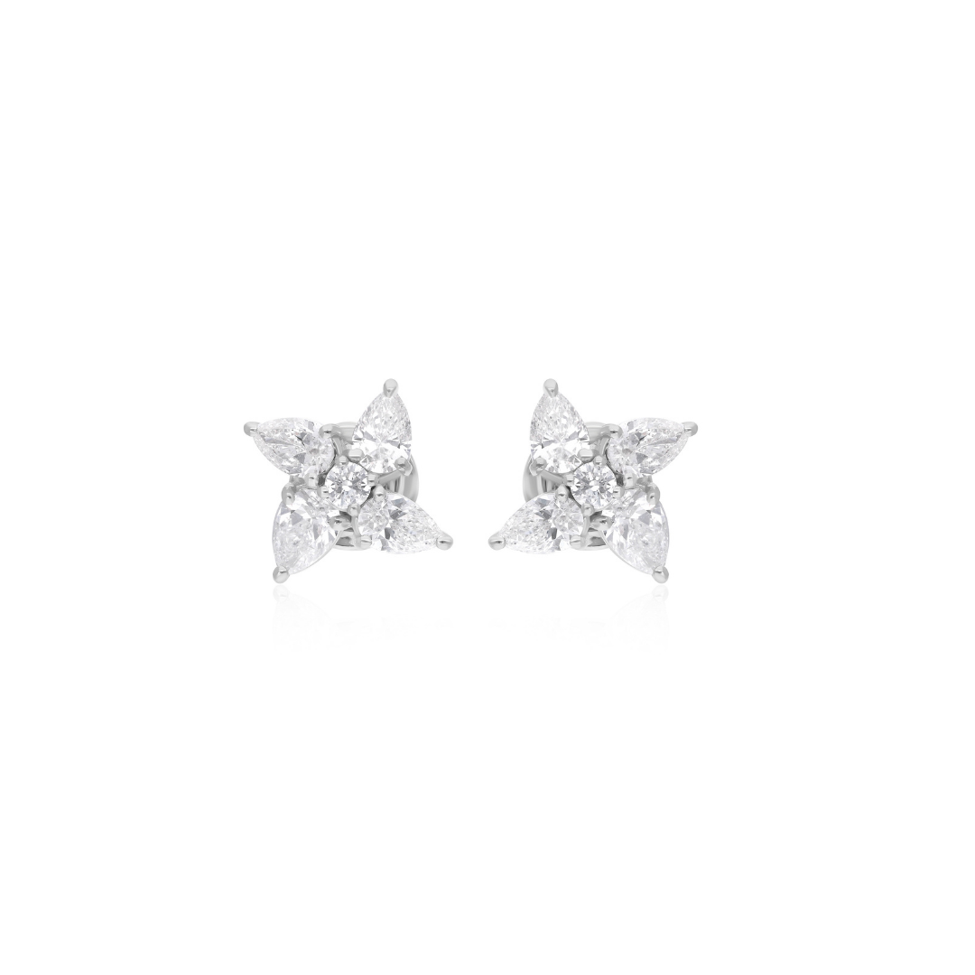 Certified Pear & Round Cut Natural Diamond Gold Stud Earrings