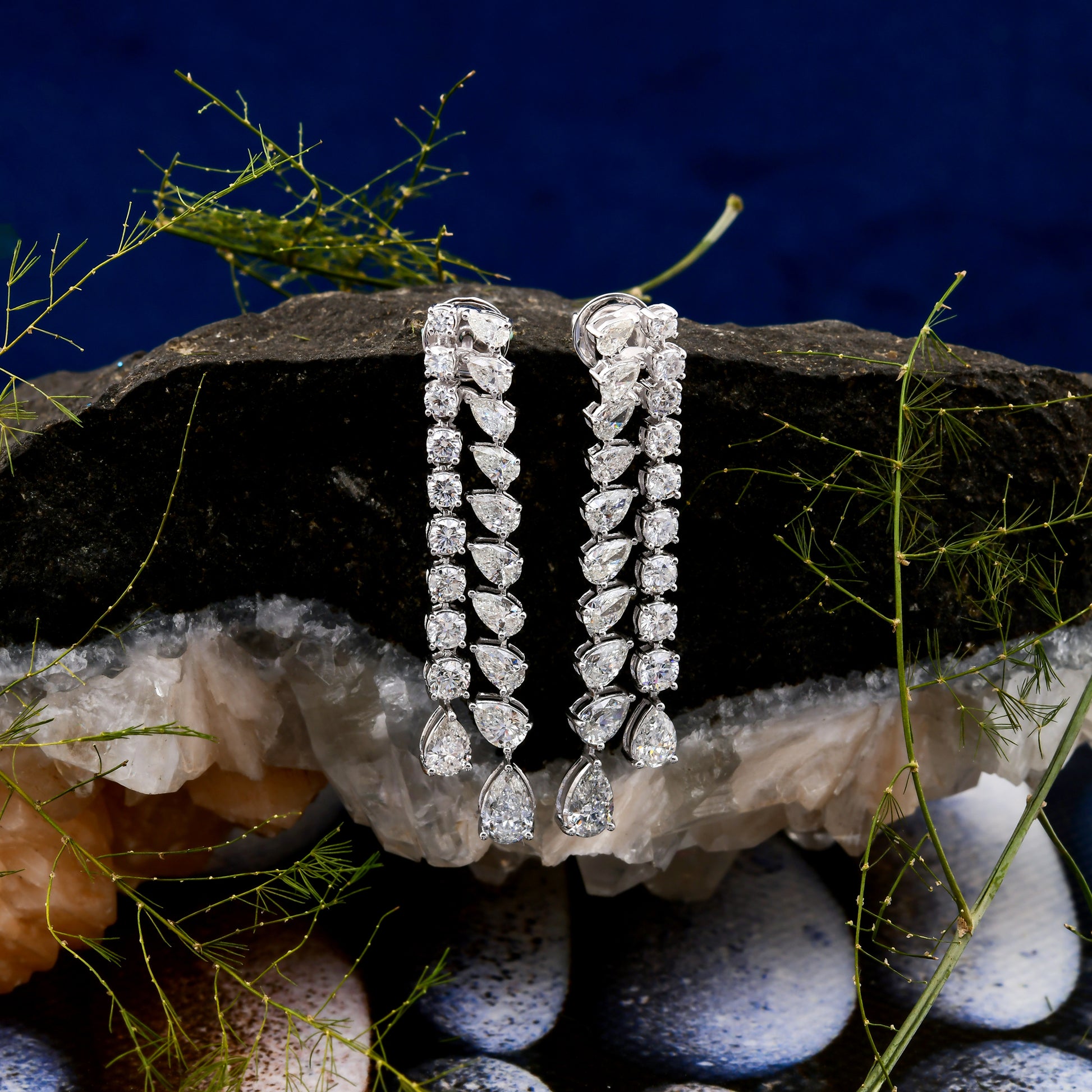 Handmade 5.85 Carat Pear & Round Cut Diamond Gold Dangle Drop Earrings