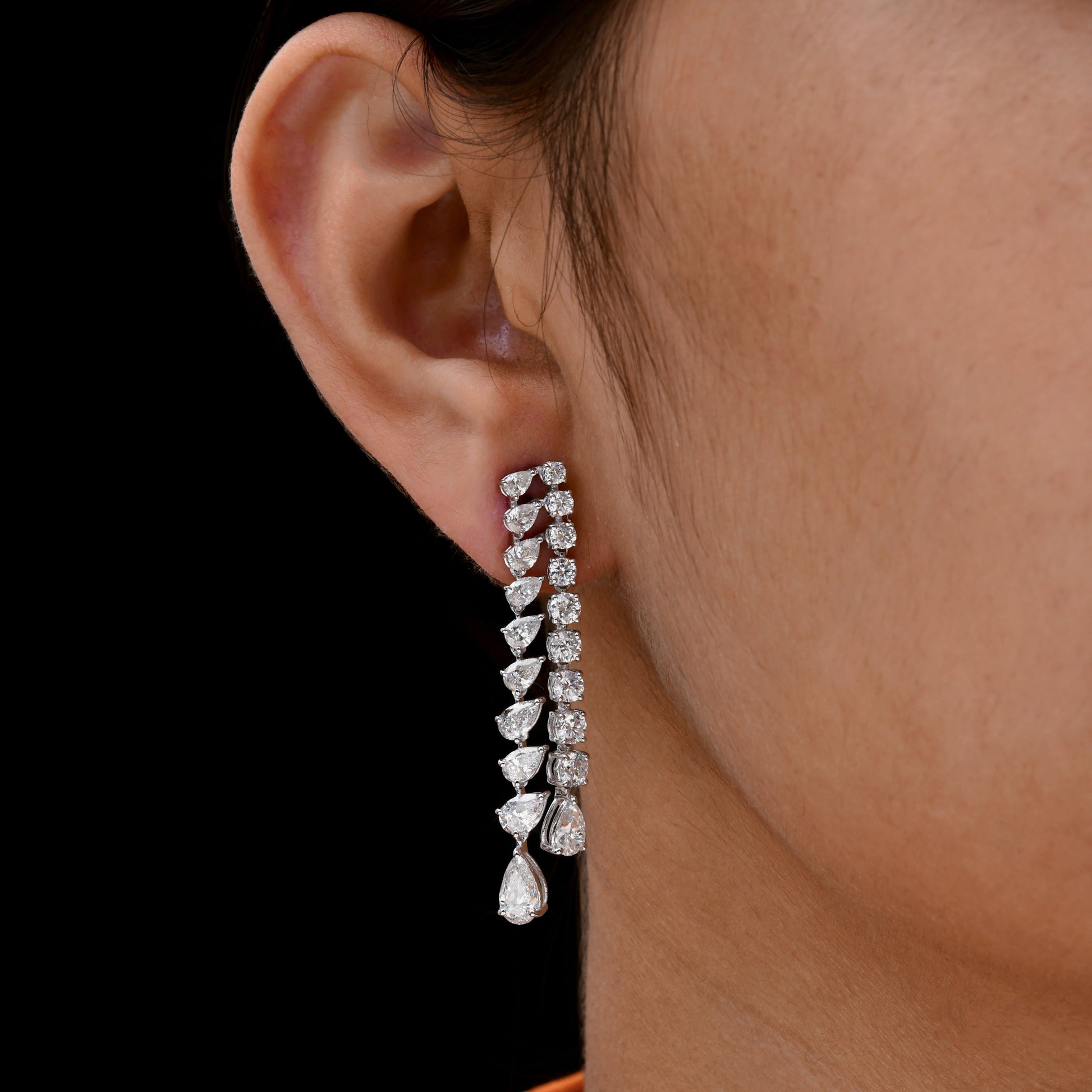 Handmade 5.85 Carat Pear & Round Cut Diamond Gold Dangle Drop Earrings