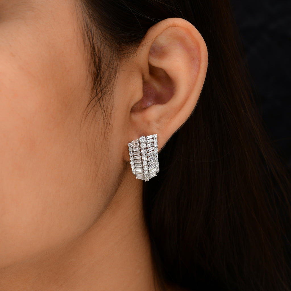 3.78Carat Natural Baguette & Round Cut Diamond Fine Gold Earrings