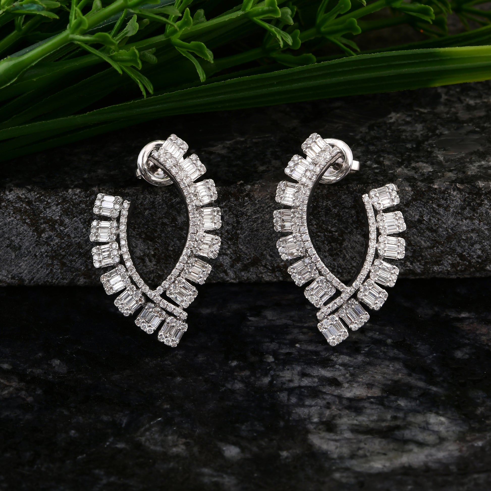 Genuine Fine Gold 2.15 Carat Baguette Diamond Half Hoop Earrings