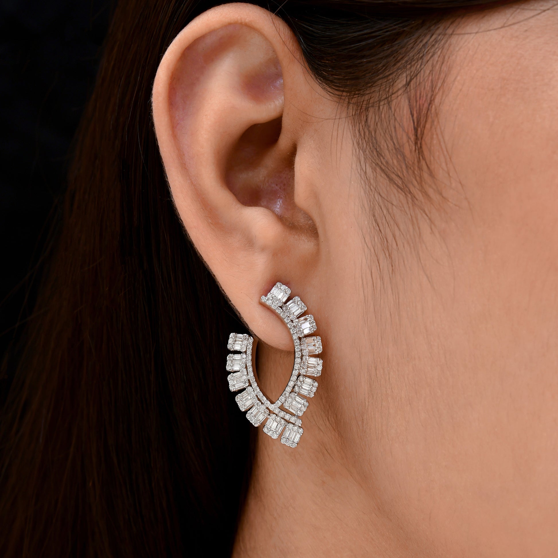 Genuine Fine Gold 2.15 Carat Baguette Diamond Half Hoop Earrings