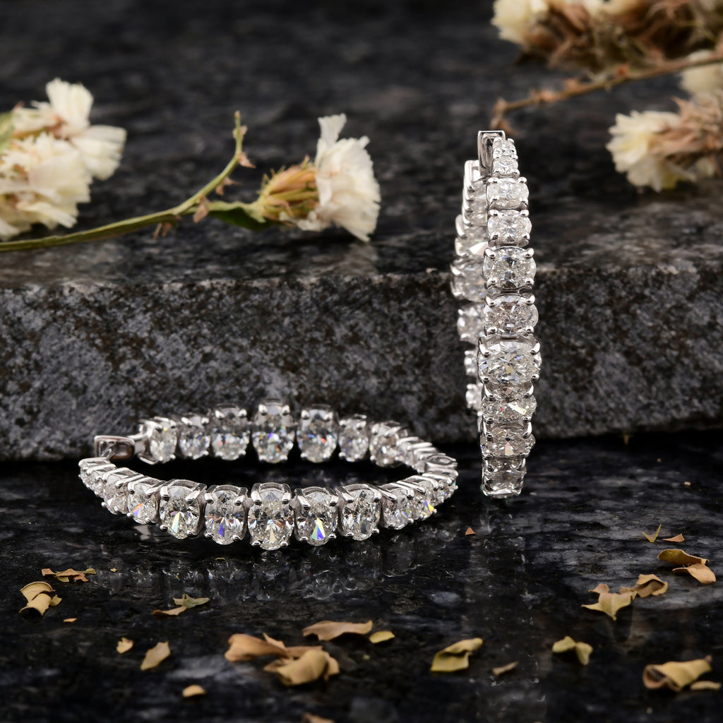 Certified Fine Gold 7.43 Carat Real Oval Cut Diamond Hoop Earrings
