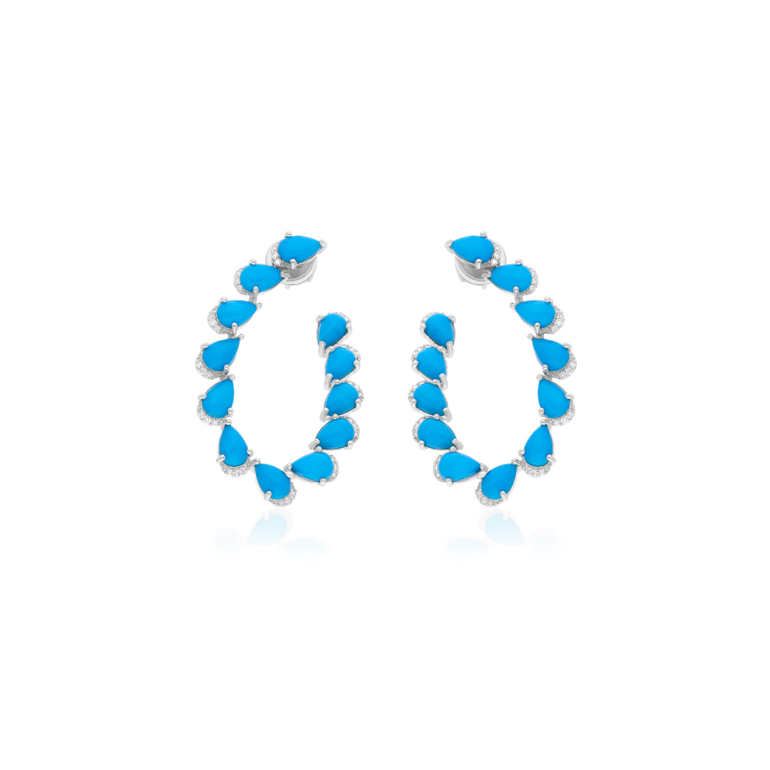 8.28 Tcw Arizona Turquoise Real SI/HI Diamond Solid Gold Hoop Earrings