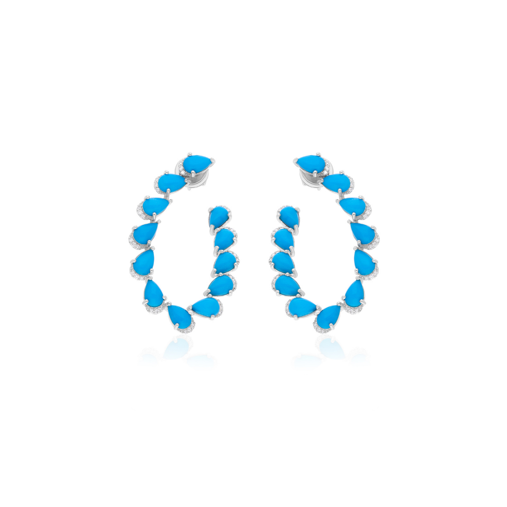 8.28 Tcw Arizona Turquoise Real SI/HI Diamond Solid Gold Hoop Earrings