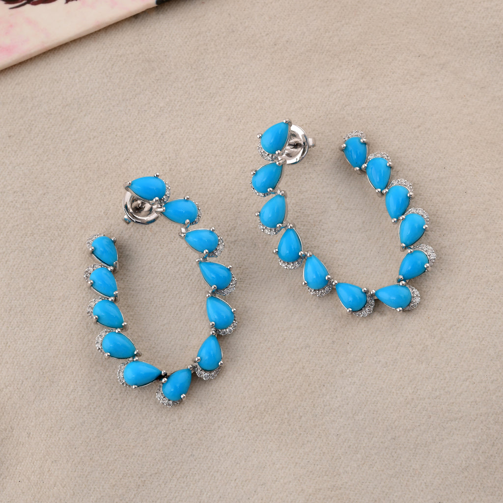 8.28 Tcw Arizona Turquoise Real SI/HI Diamond Solid Gold Hoop Earrings