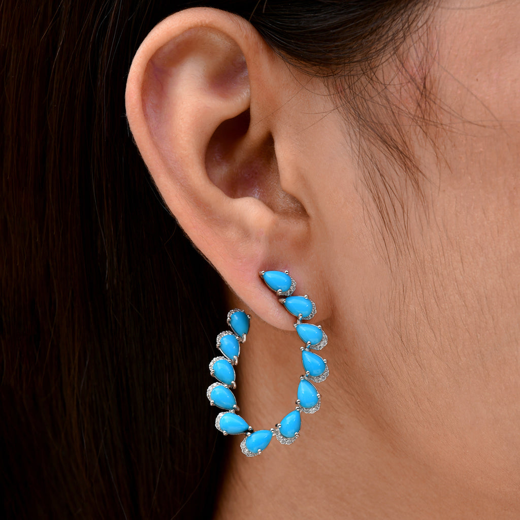 8.28 Tcw Arizona Turquoise Real SI/HI Diamond Solid Gold Hoop Earrings