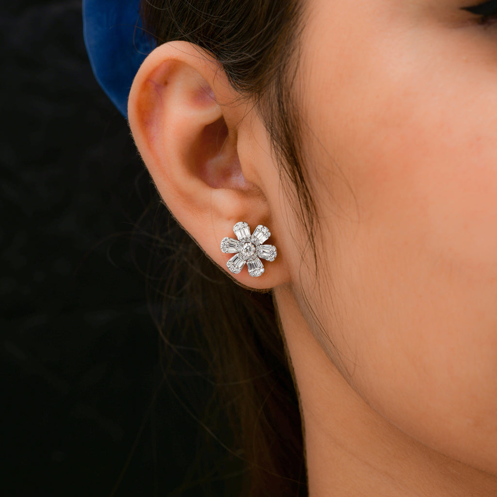 Floral Design Round & Baguette Cut Diamond Gold Stud Earrings