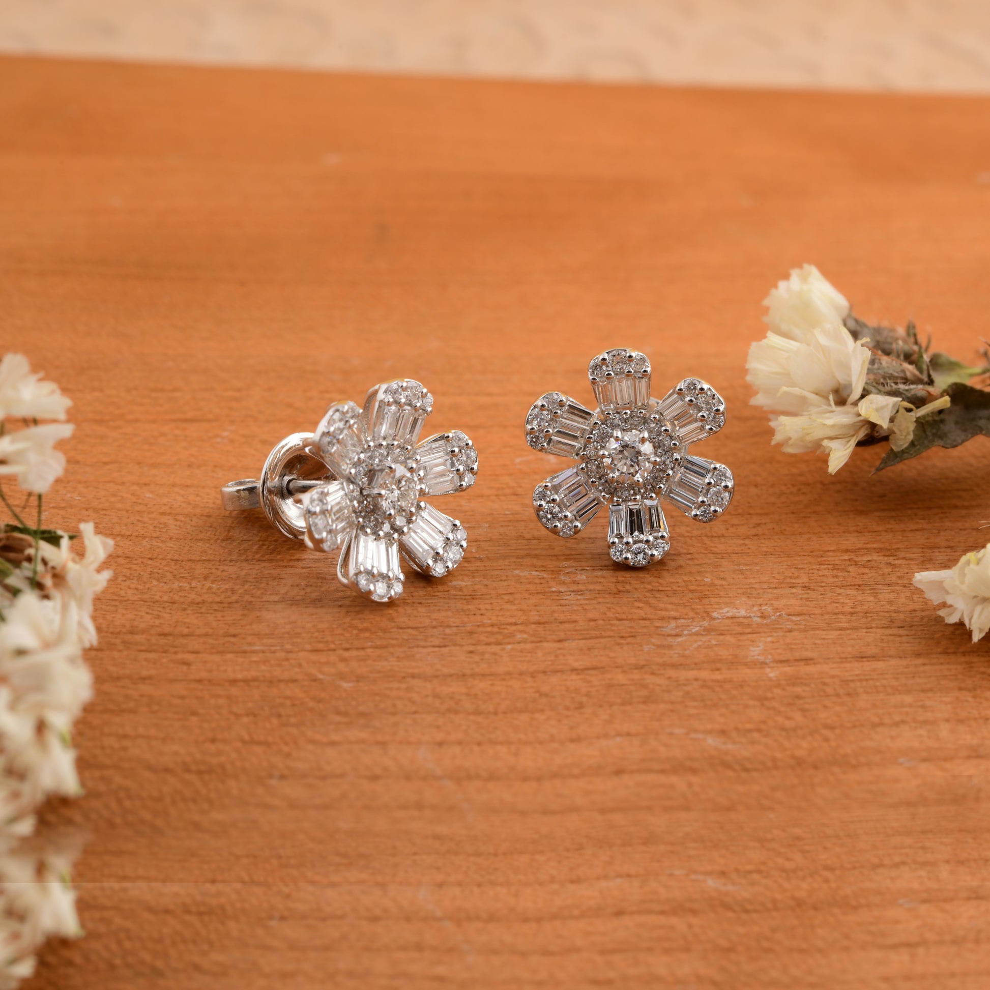 Floral Design Round & Baguette Cut Diamond Gold Stud Earrings