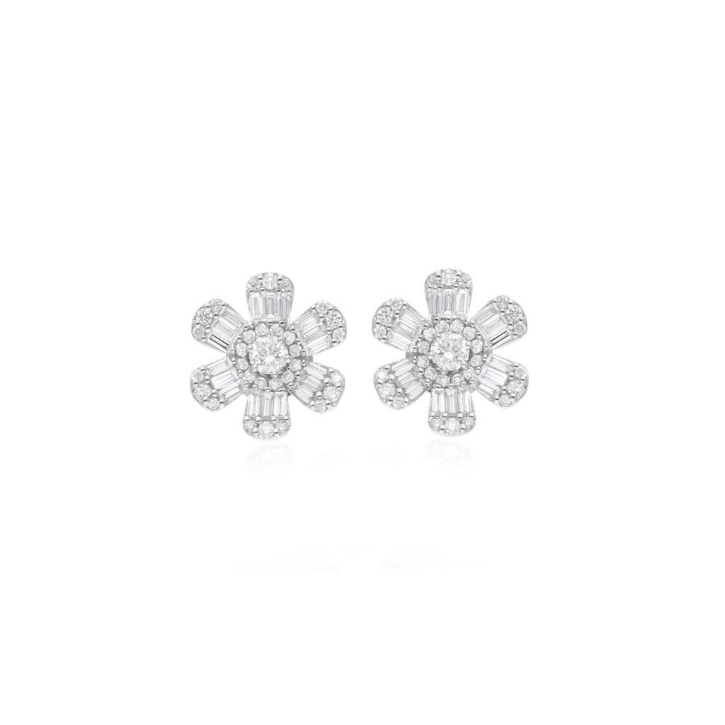 Floral Design Round & Baguette Cut Diamond Gold Stud Earrings