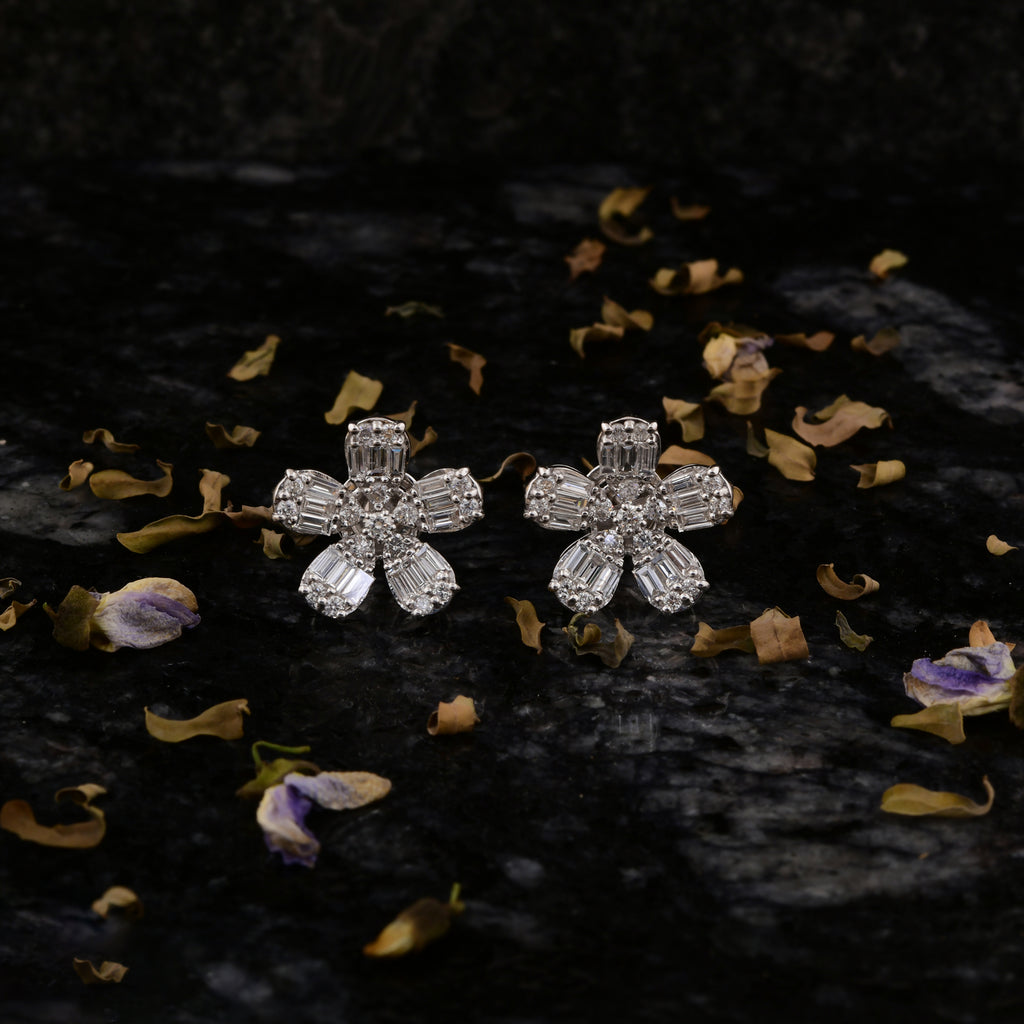 1.65 Carat Natural Diamond Flower Earrings Gold Handmade Jewelry