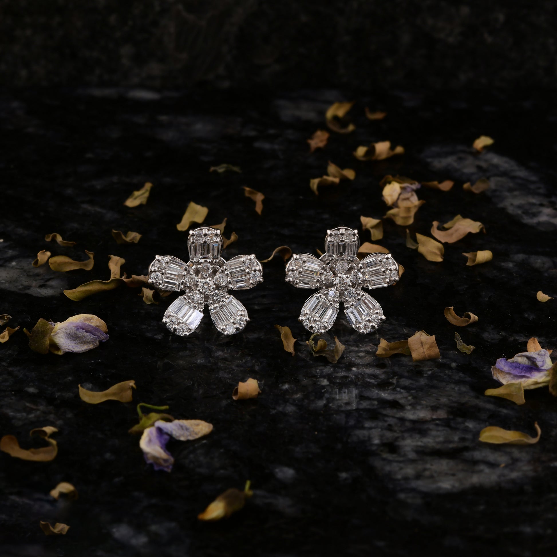 1.65 Carat Natural Diamond Flower Earrings Gold Handmade Jewelry