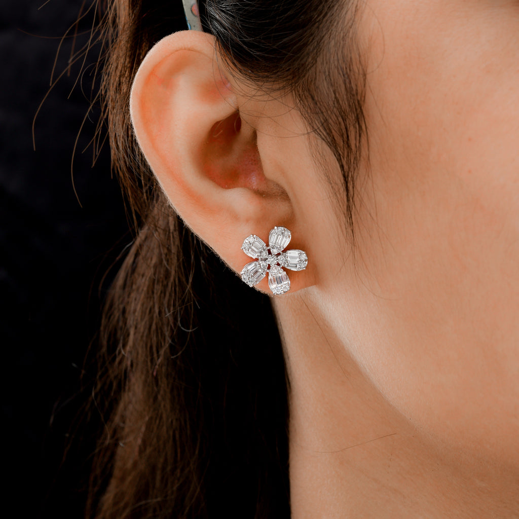 1.65 Carat Natural Diamond Flower Earrings Gold Handmade Jewelry