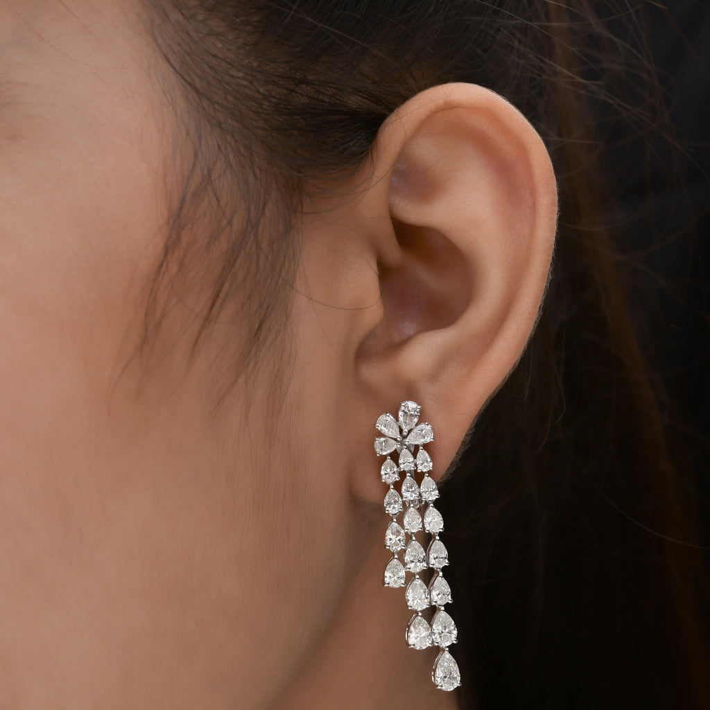 Floral Pear Shaped Diamond Cluster Drop Statement Earrings