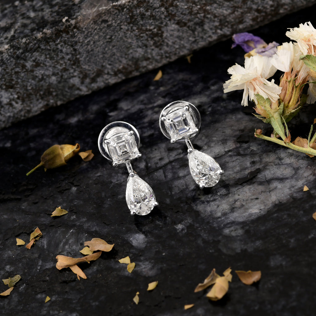 2.05 Carat Pear Cushion Cut Diamond Stud Earrings in Fine Gold