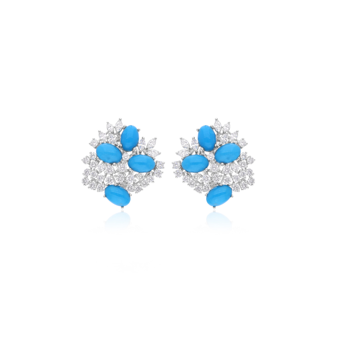 5.36 Tcw Oval Arizona Turquoise Stone Diamond Stud Gold Earrings