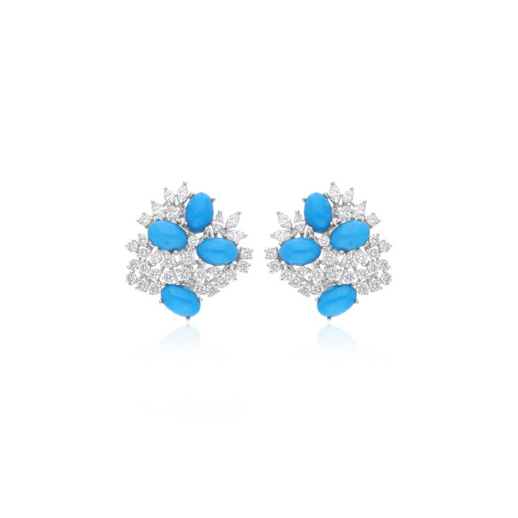 5.36 Tcw Oval Arizona Turquoise Stone Diamond Stud Gold Earrings