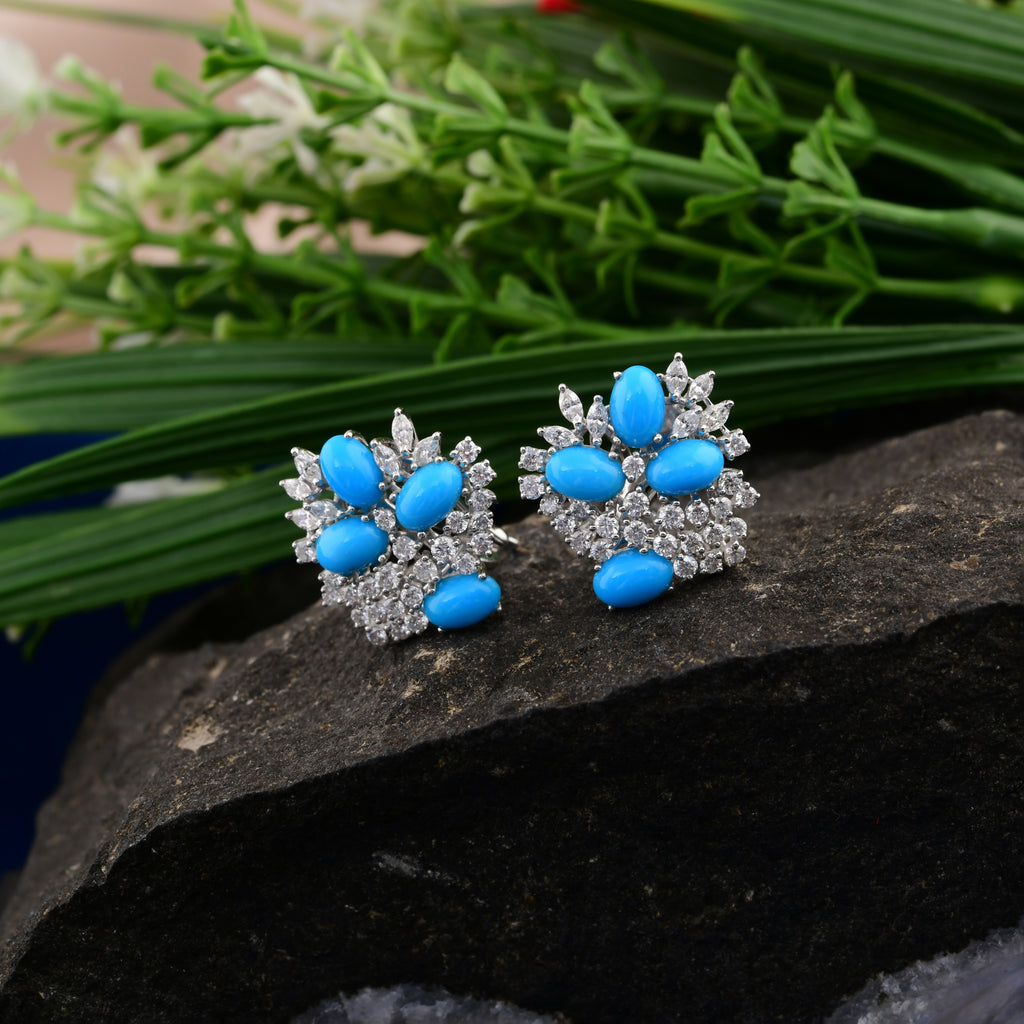 5.36 Tcw Oval Arizona Turquoise Stone Diamond Stud Gold Earrings