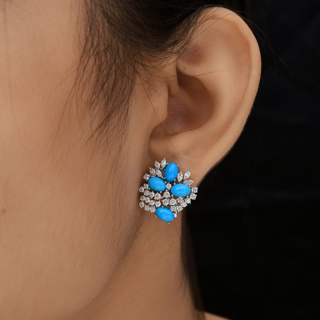5.36 Tcw Oval Arizona Turquoise Stone Diamond Stud Gold Earrings