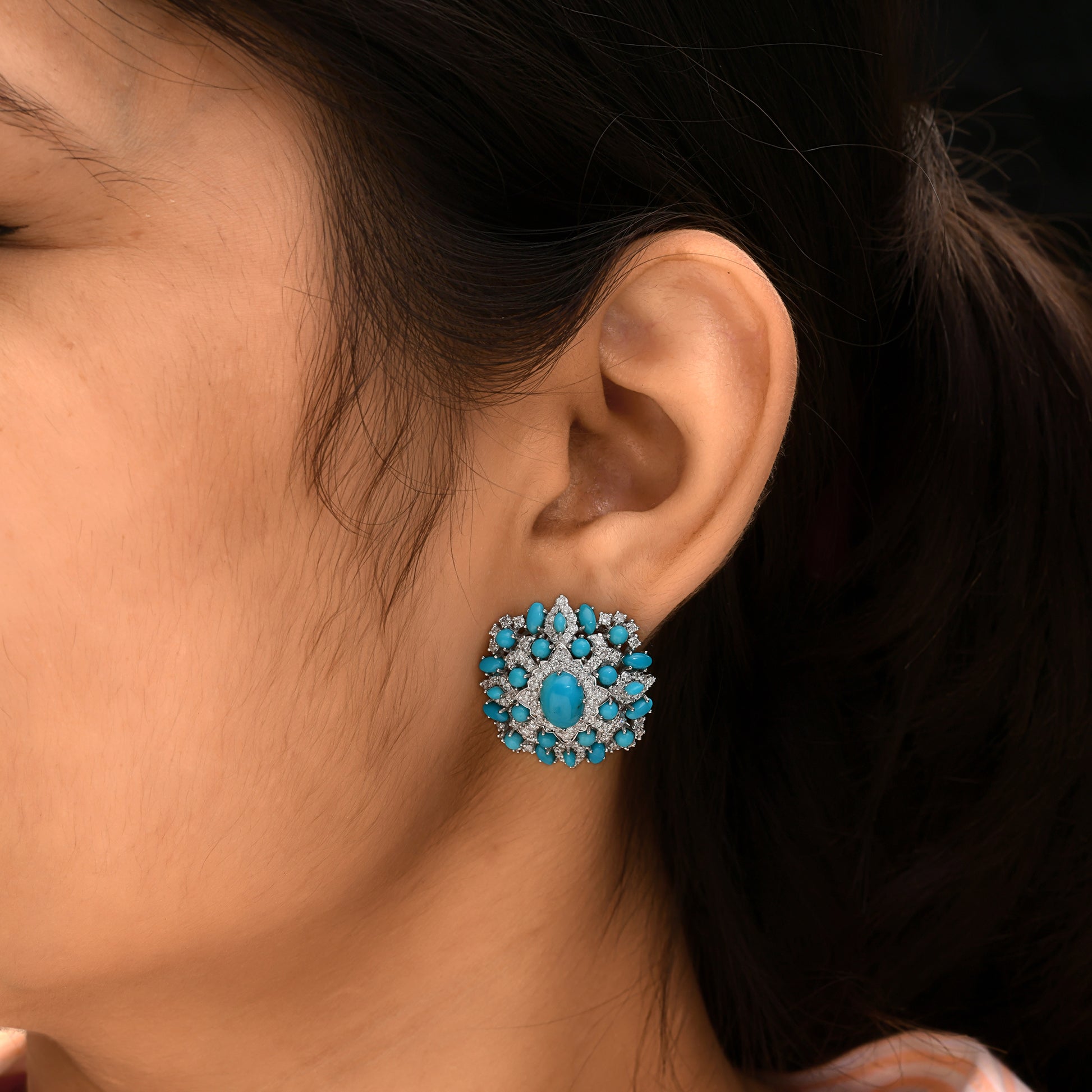 7.93 Tcw Natural SI/H Diamond Cluster Turquoise Gemstone Fine Gold Stud Earrings