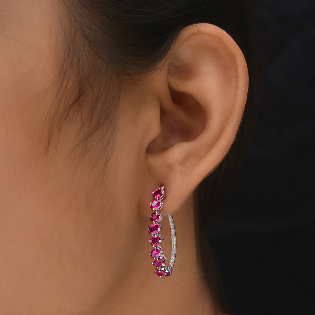 Fine Gold Ruby Diamond Hoop Earrings Thoughtful Gift for Her