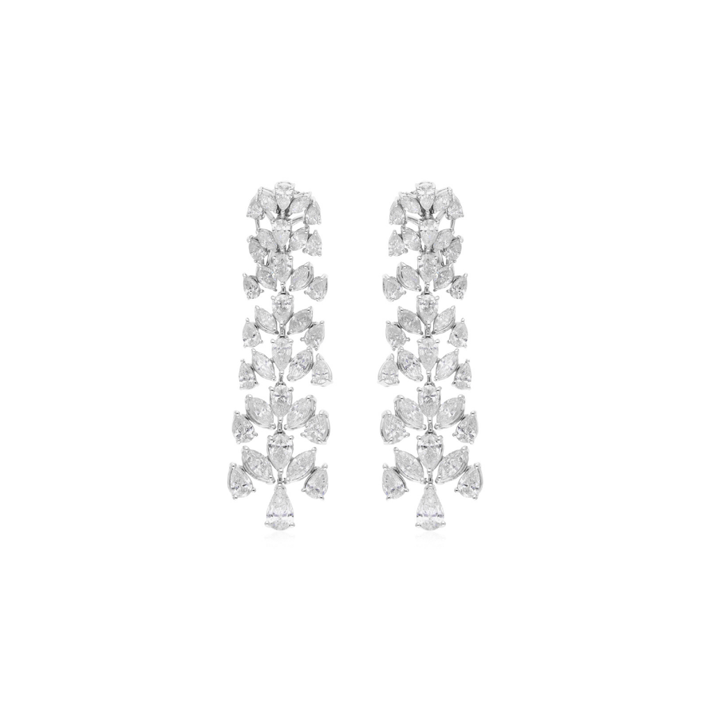 Certified Leaf Motif Natural Diamond Fine Gold Dangle Drop Earrings