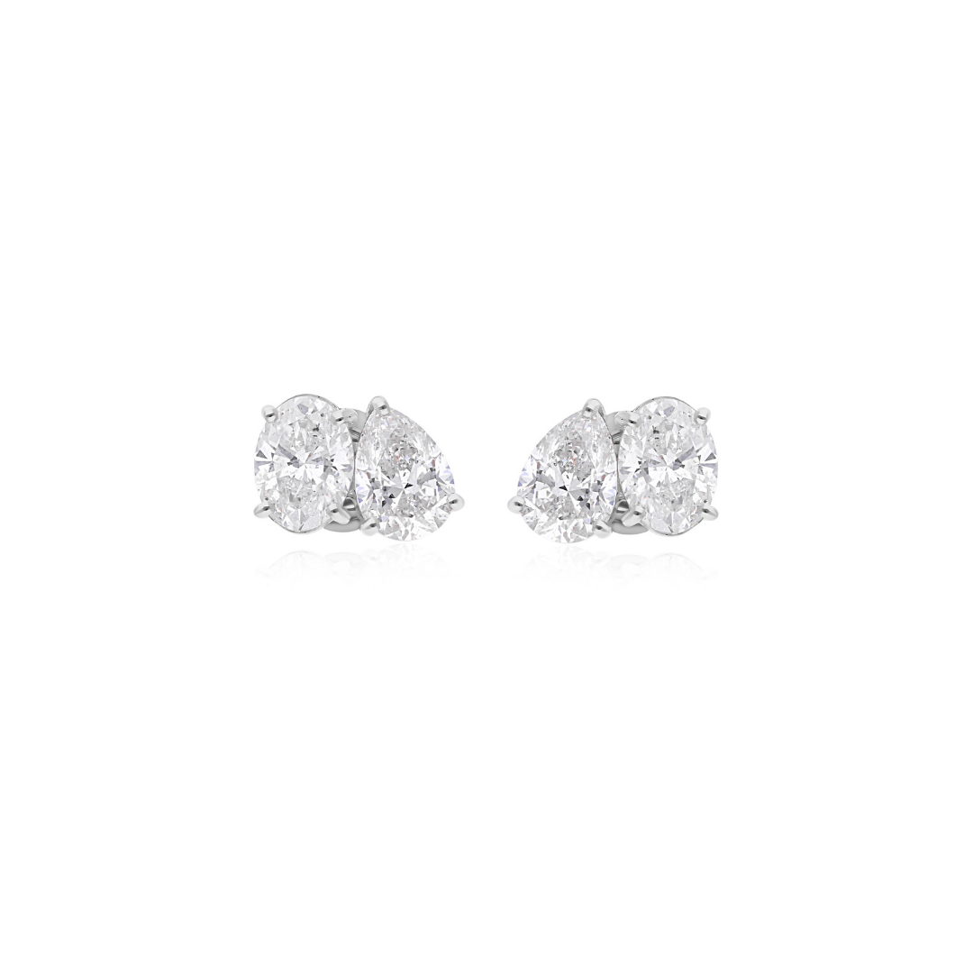 Oval Pear Cut 4.06 Carat Natural Diamond Fine Gold Stud Earrings