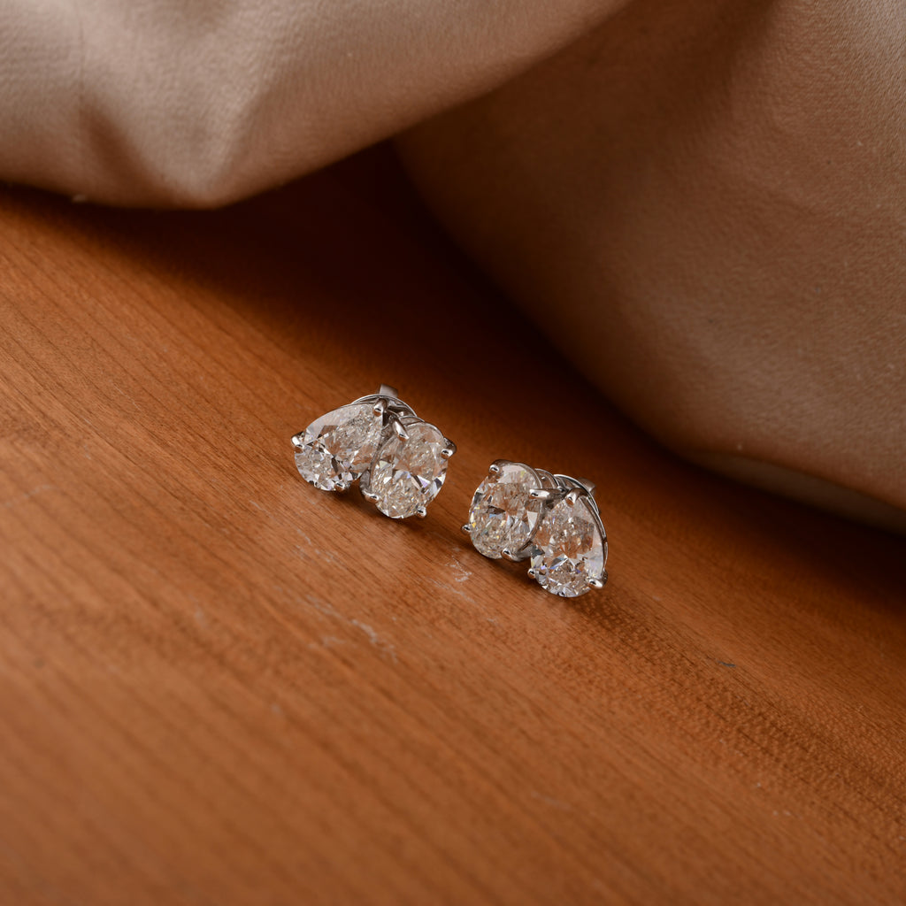 Oval Pear Cut 4.06 Carat Natural Diamond Fine Gold Stud Earrings