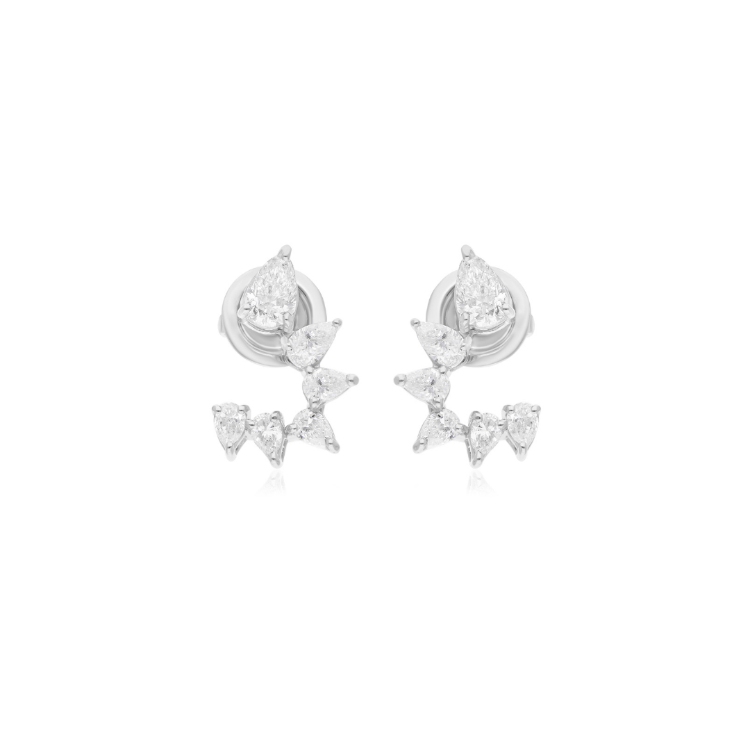 1.29Ct Pear Shaped Ear Climber Natural Diamond Gold Stud Earrings