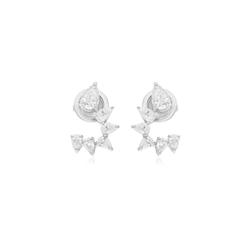 1.29Ct Pear Shaped Ear Climber Natural Diamond Gold Stud Earrings