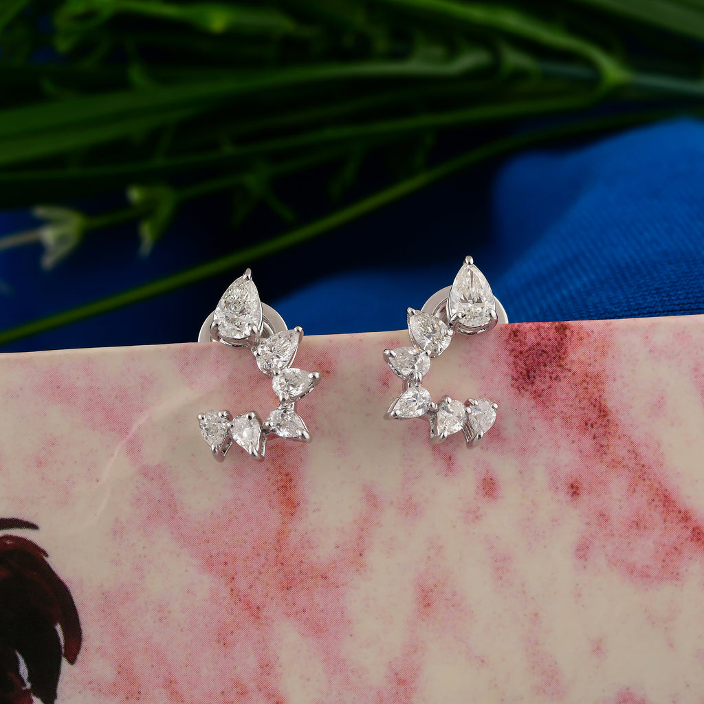 1.29Ct Pear Shaped Ear Climber Natural Diamond Gold Stud Earrings