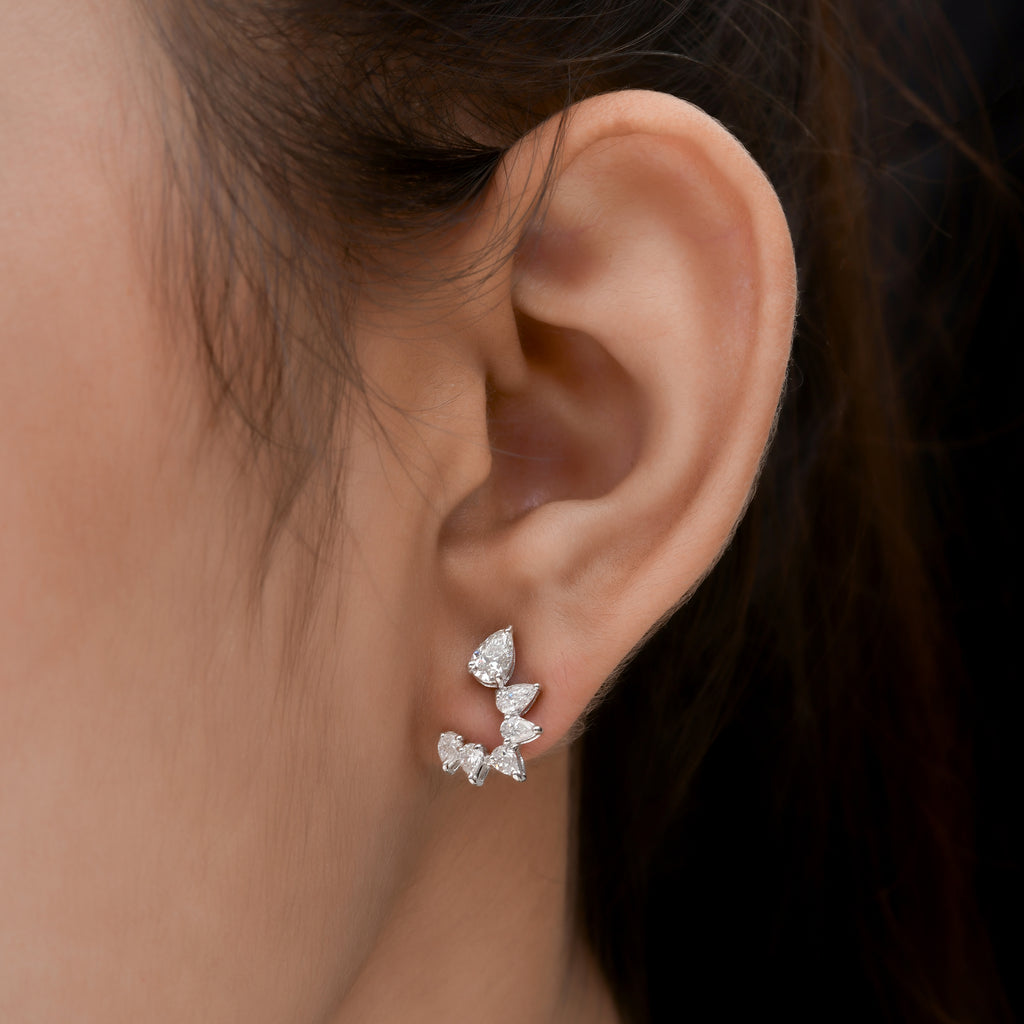 1.29Ct Pear Shaped Ear Climber Natural Diamond Gold Stud Earrings