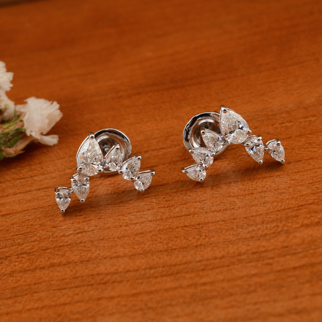 1.17 Carat Pear Cut Diamond Curved Climber Stud Earrings