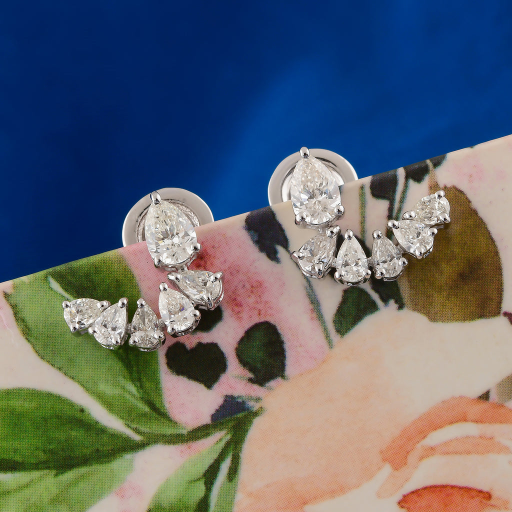 Fine Gold Handmade Pear Cut 1.30Ct Natural Diamond Climber Earrings