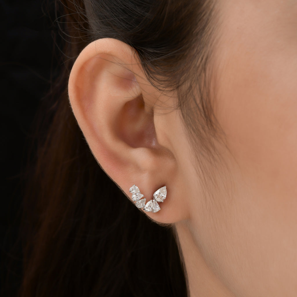 Fine Gold Handmade Pear Cut 1.30Ct Natural Diamond Climber Earrings