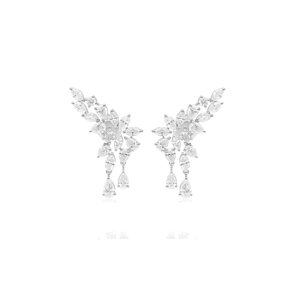 Exquisite Floral Leaf Cluster Diamond Gold Earrings with Drops
