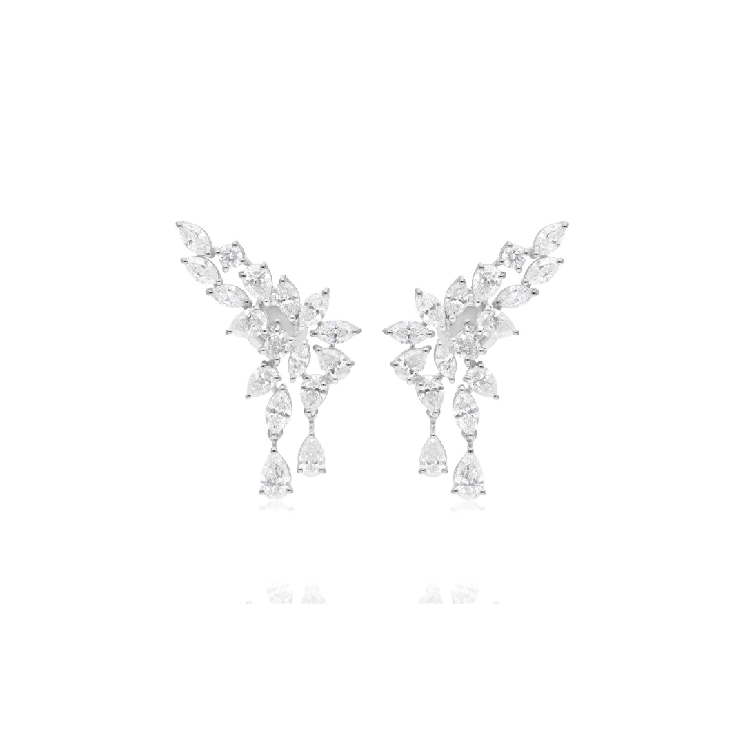 Exquisite Floral Leaf Cluster Diamond Gold Earrings with Drops