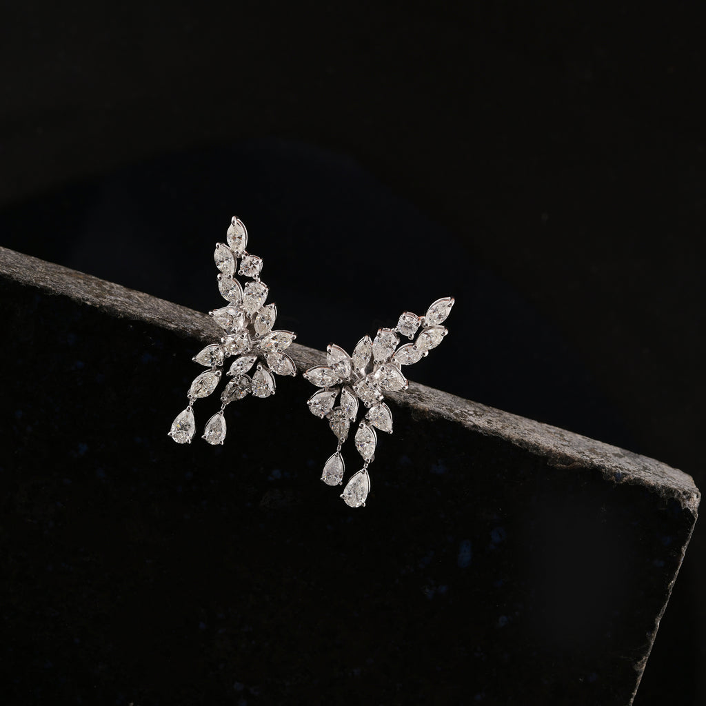 Exquisite Floral Leaf Cluster Diamond Gold Earrings with Drops