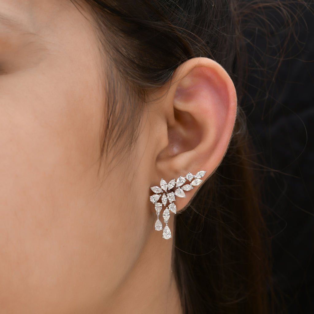 Exquisite Floral Leaf Cluster Diamond Gold Earrings with Drops