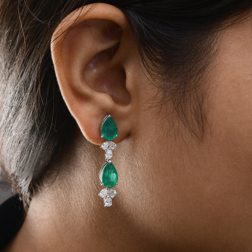 8.74 Tcw Zambian Emerald SI/H Diamond Dangle Drop Earrings