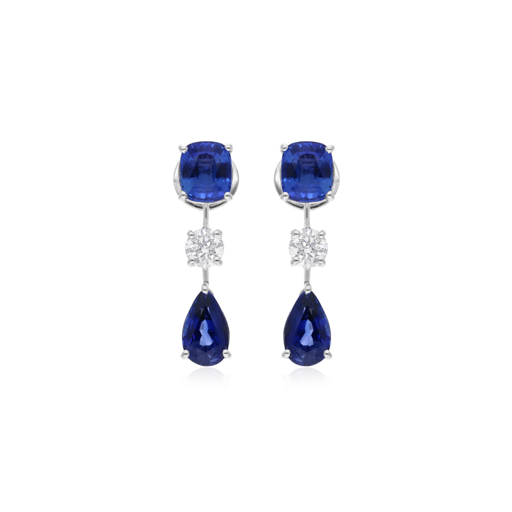 6.32 Tcw Blue Sapphire and Round Cut Natural Diamond Dangle Earrings