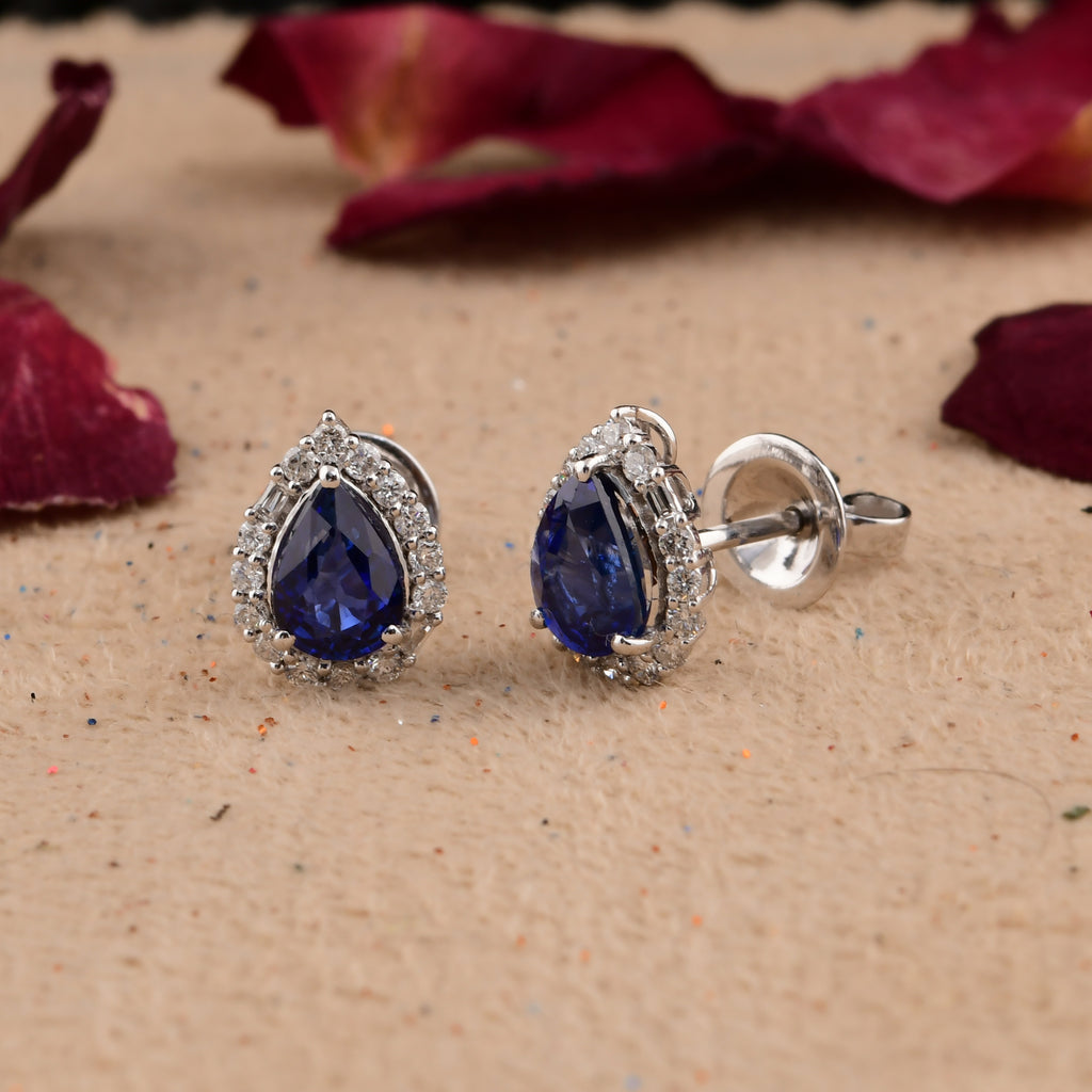 2.56 Tcw Blue Sapphire Diamond Halo Stud Earrings Anniversary or Birthday Gift