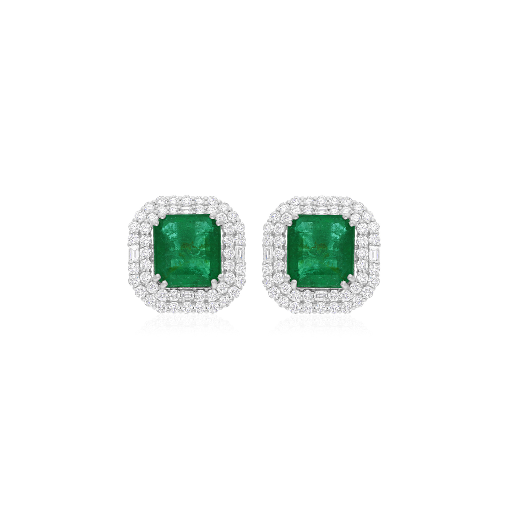 15.81 Tcw Cushion Cut Emerald with Baguette & Round Diamond Gold Studs Earrings