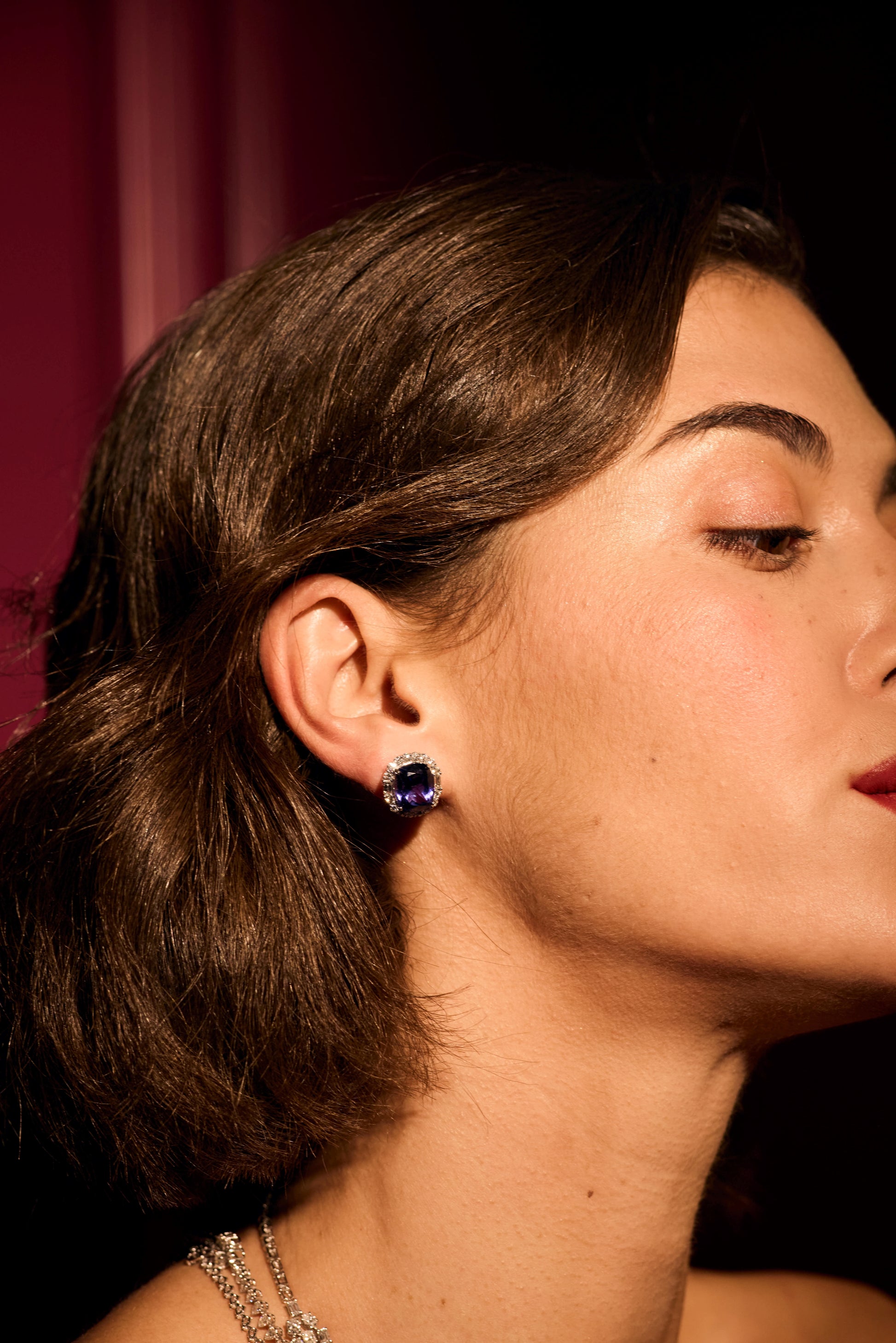 Natural Blue Sapphire and Diamond Halo Stud Earrings in Fine Gold