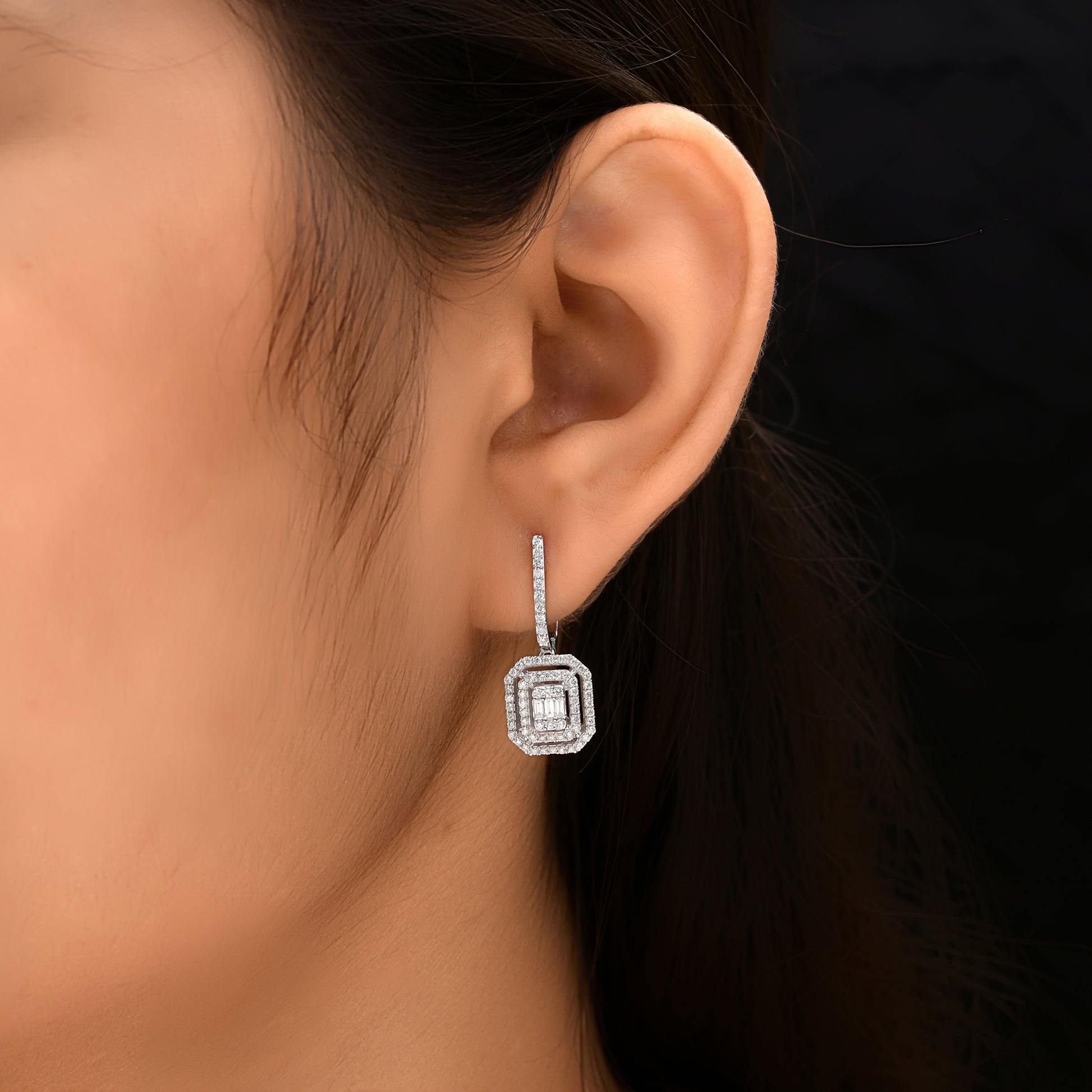 Natural SI/HI Baguette Diamond Hoop Octagon Earrings in Solid Gold