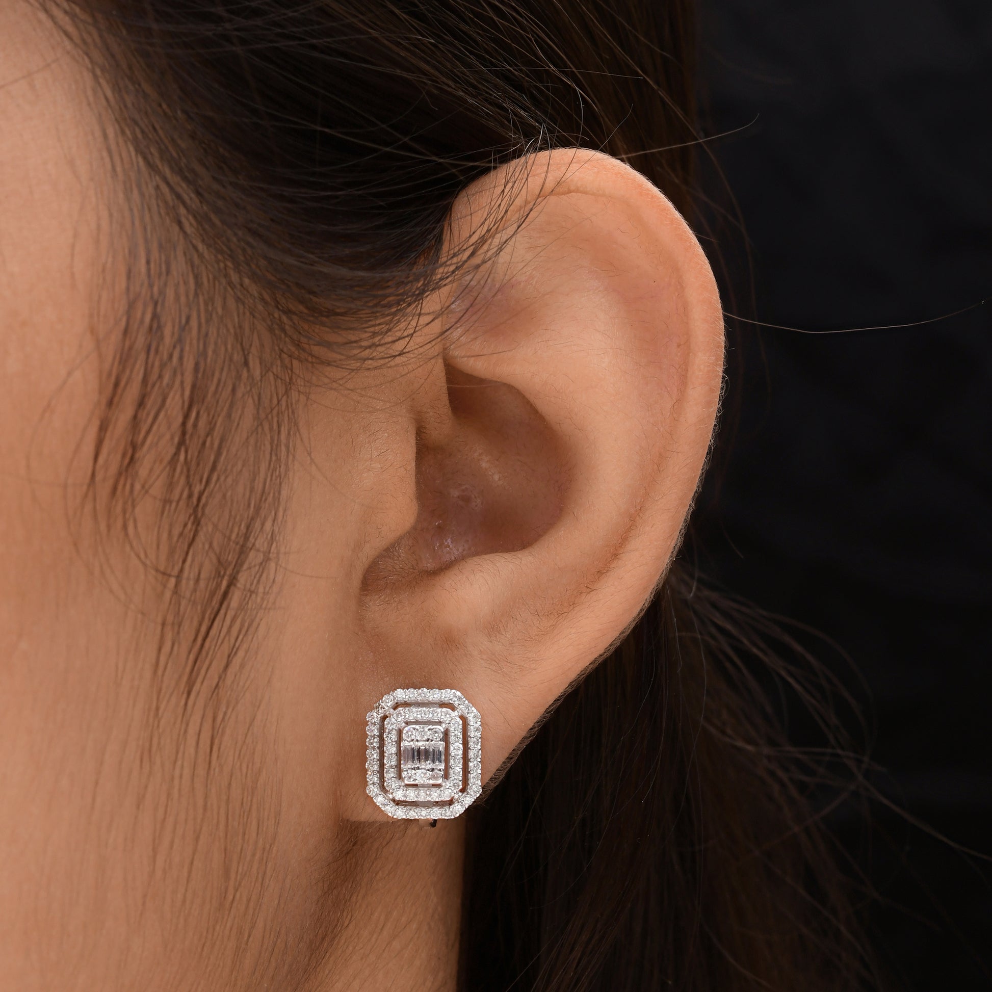 Handmade Baguette Round Diamond Fine Gold Stud Earrings